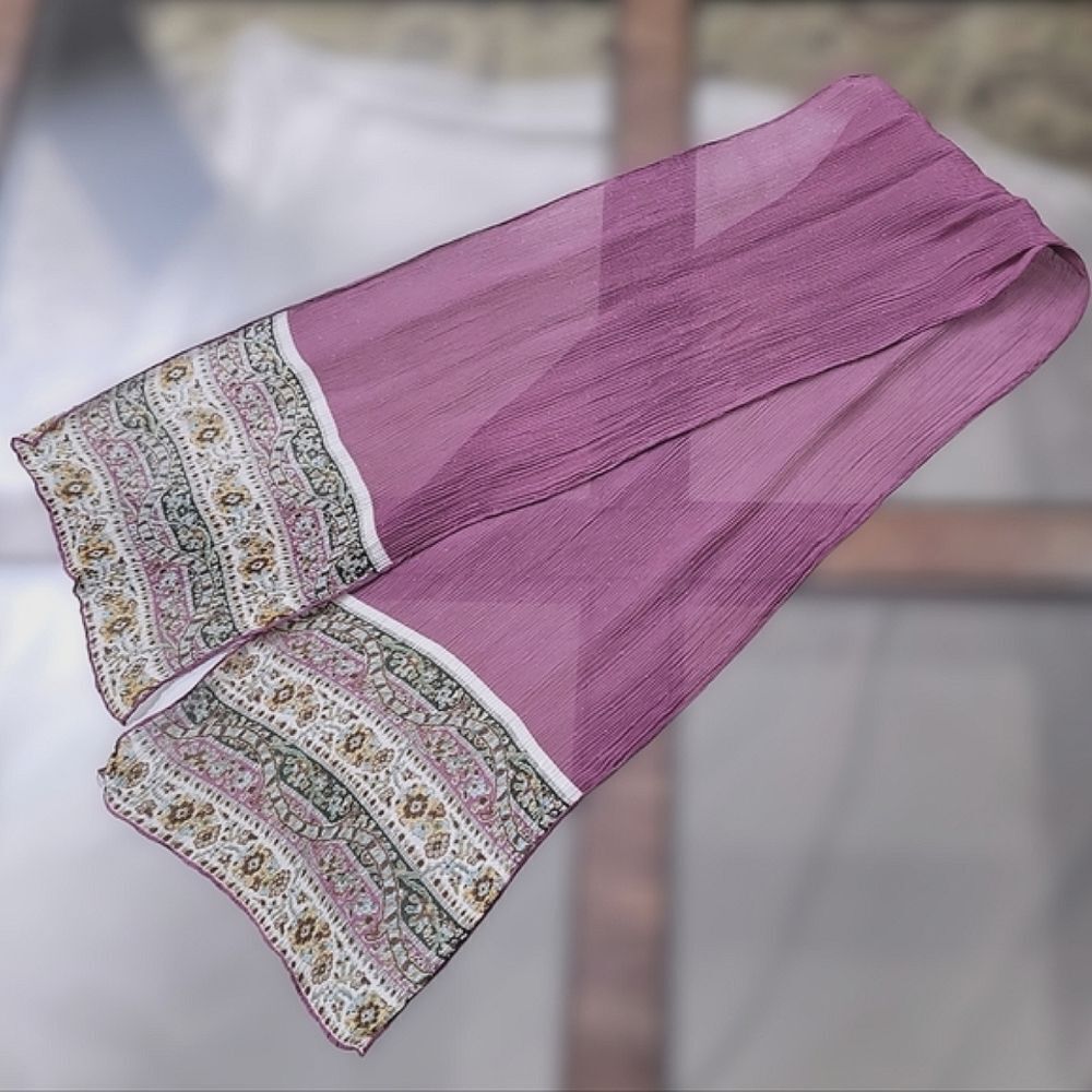 Vtg lilac sheer silk chiffon crepon patterned end slim scarf - Picture 7 of 13